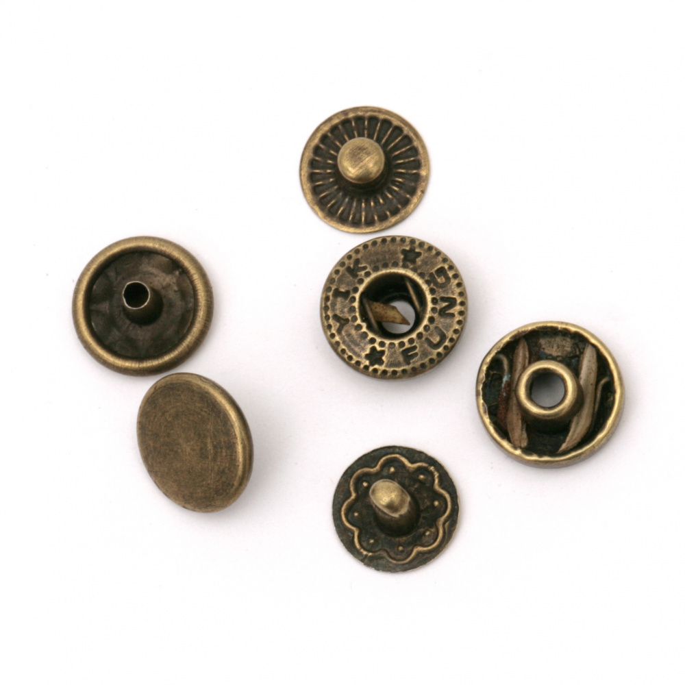 Копче мeтал тик-так кръг 10x5~6 мм дупка 4 мм цвят антик бронз 4 части -5 комплекта