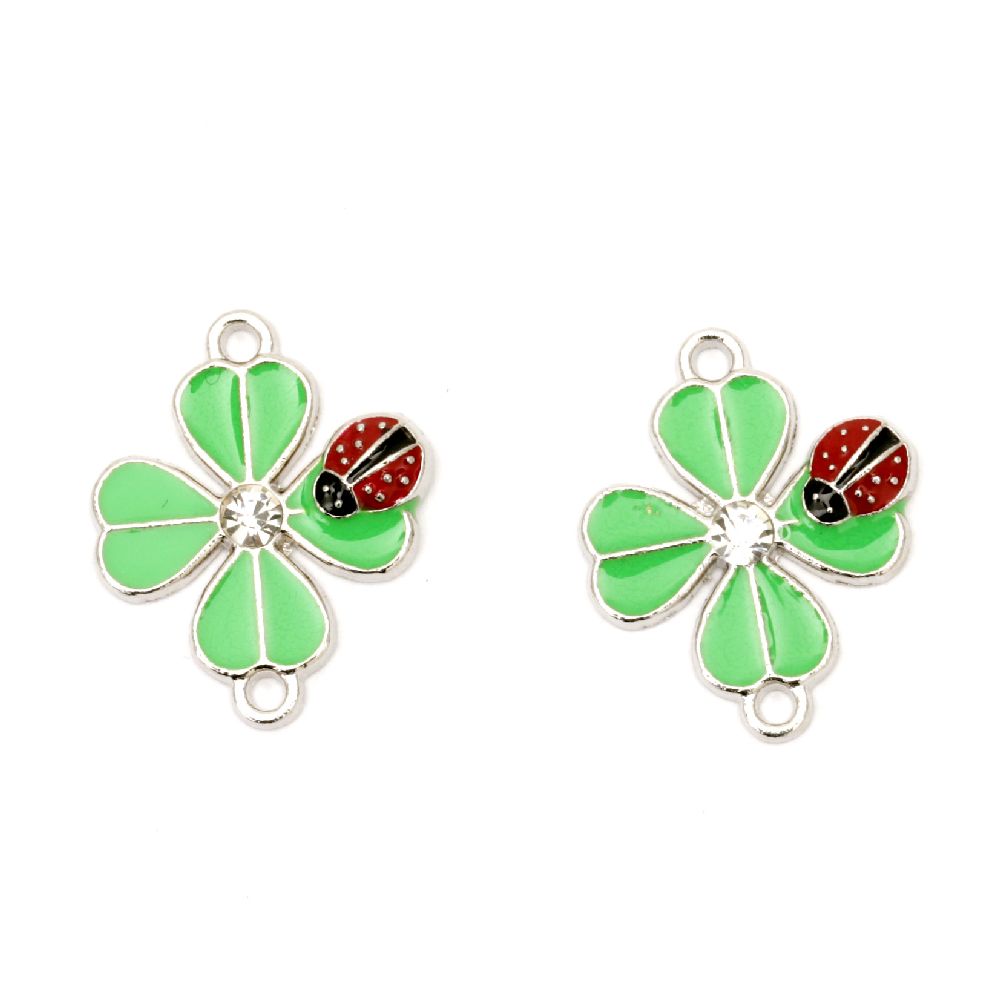 Connecting element metal with crystal clover green and ladybug 23x17 mm hole 2 mm color silver -2 pieces