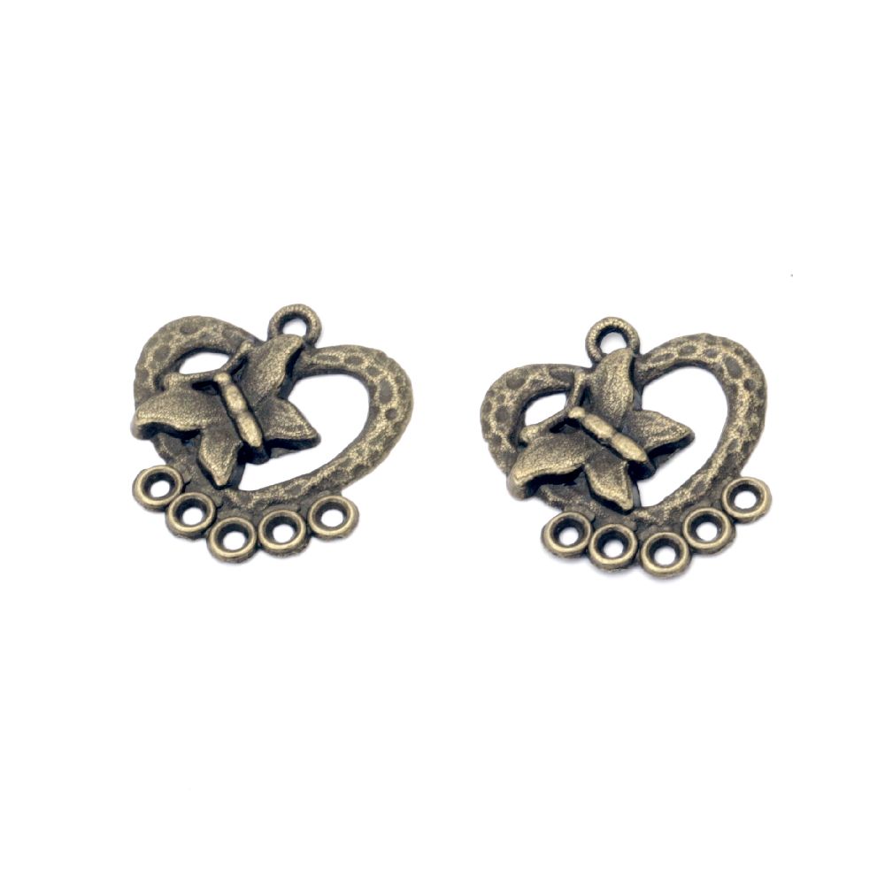 Heart shape metal  connecting bead with small butterfly 22x21x2 mm hole 2 mm color antique bronze - 5 pieces