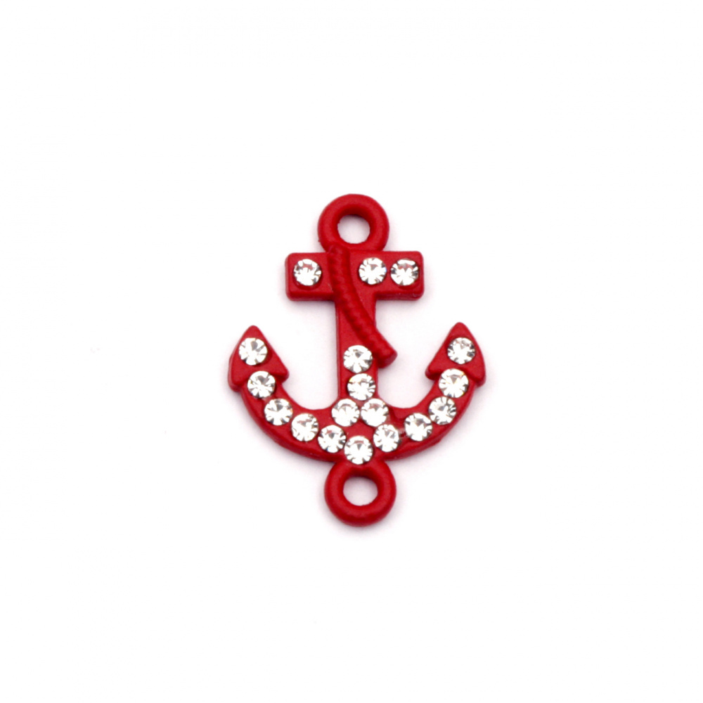 Painted in red metal anchor - connecting element with clear crystals 18x13x2 mm hole 1.5 mm - 2 pieces
