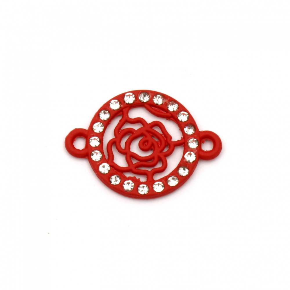 Round dyed in red metal connecting element rose in center with crystals 22x16x2 mm hole 1.5 mm - 2 pieces