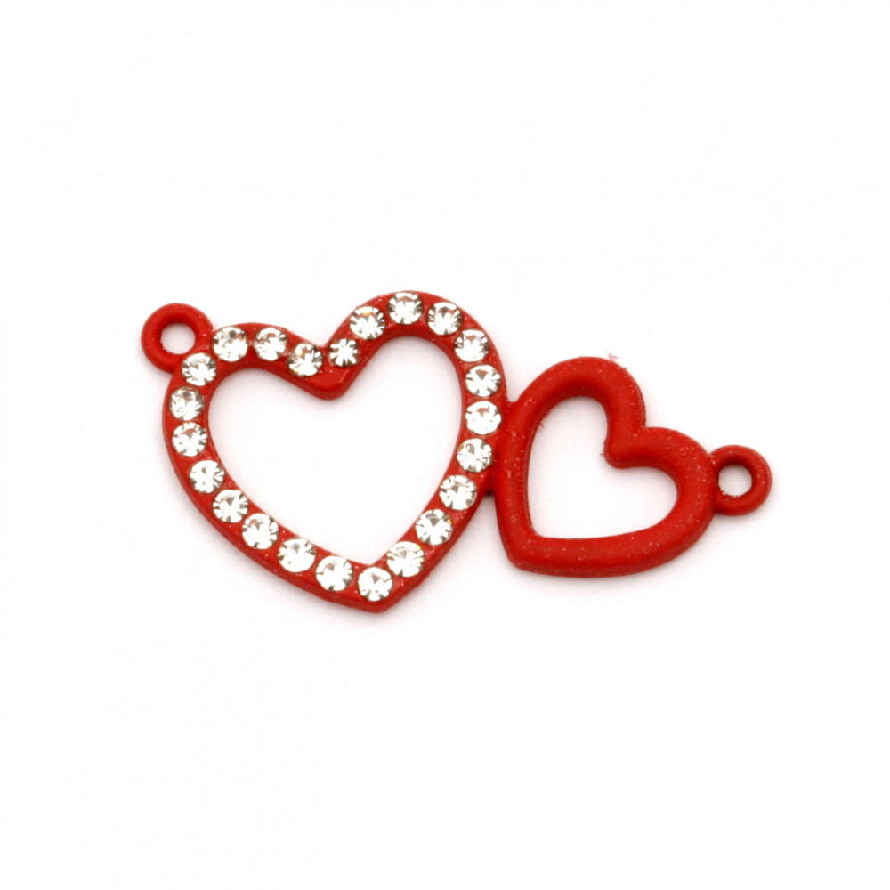 Painted metal hearts,  connecting element with crystal 28x14x2 mm hole 1.5 mm red - 2 pieces