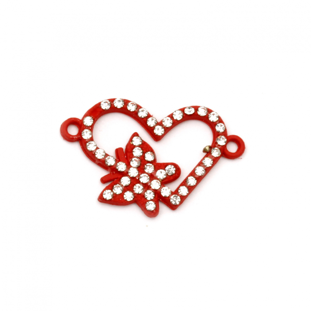Colored in red heart with butterfly, metal connecting element with tiny crystals 24x15x2 mm hole 1.5 mm - 2 pieces