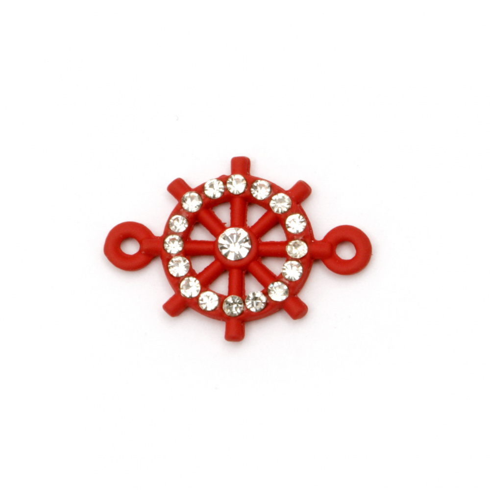 Painted metal component - connector in the shape of ship steering wheel with crystals 20x15x3 mm hole 1.5 mm red - 2 pieces