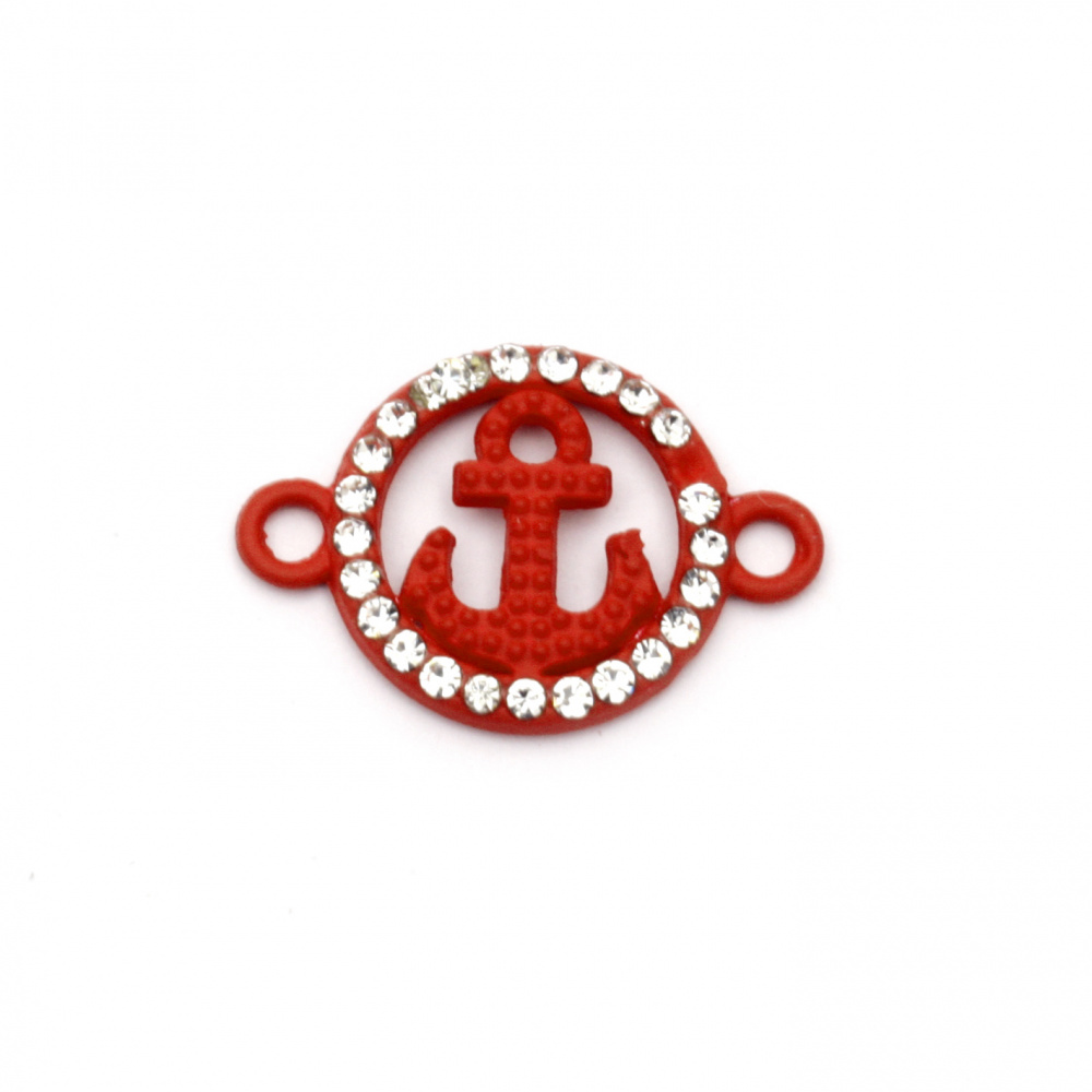 Round colored red metal connector with anchor in the center  and tiny crystals around 23x16x3 mm hole 1.5 mm - 2 pieces