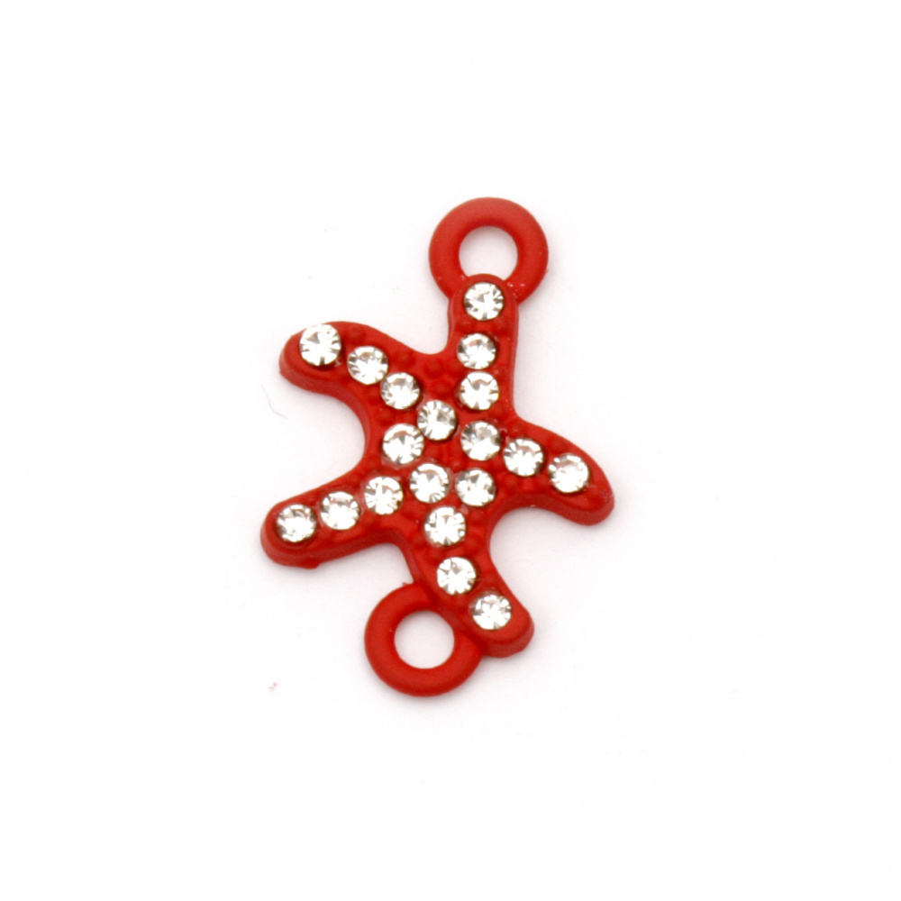 Painted metal fasteners starfish connector with clear crystals 20x14x2.5 mm hole 1.5 mm red - 2 pieces