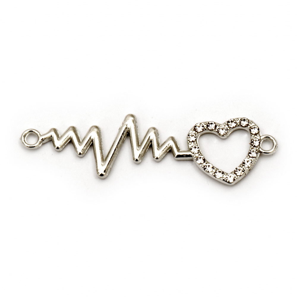 Metal connecting element heart cardiogram with crystals 45x13x2.5 mm hole 1.5 mm silver - 2 pieces