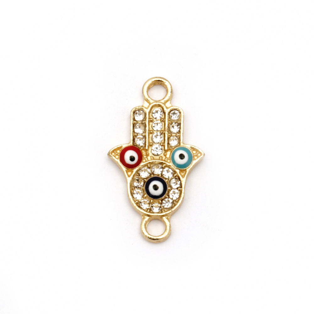 Jewelry metal findings, connecting element Fatima's hand shape with eyes and crystals 24x14x3 mm hole 1.5 mm gold - 2 pieces