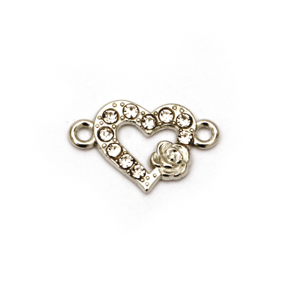 Delicate connecting element, metal heart with crystals and rose 18x12x2 mm hole 1.5 mm silver - 2 pieces
