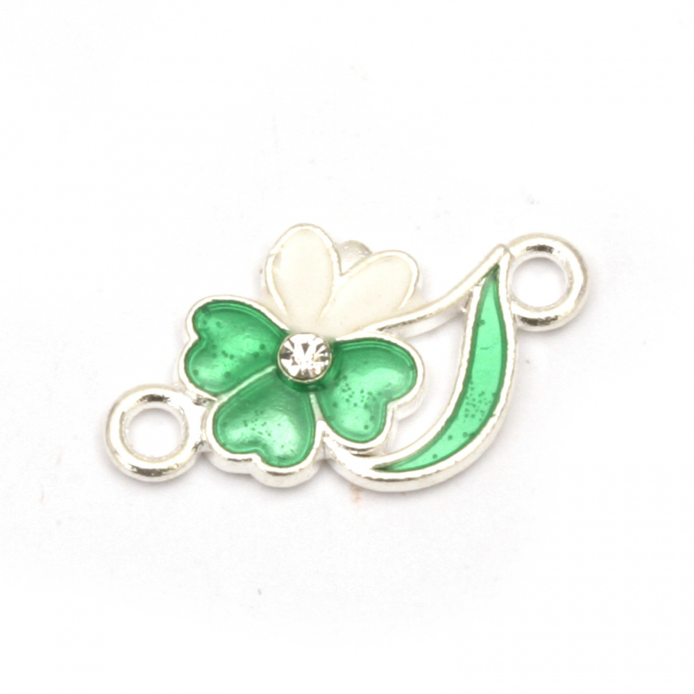 Metal connecting element clover with  crystals 21x12x3 mm hole 2 mm color silver - 5 pieces