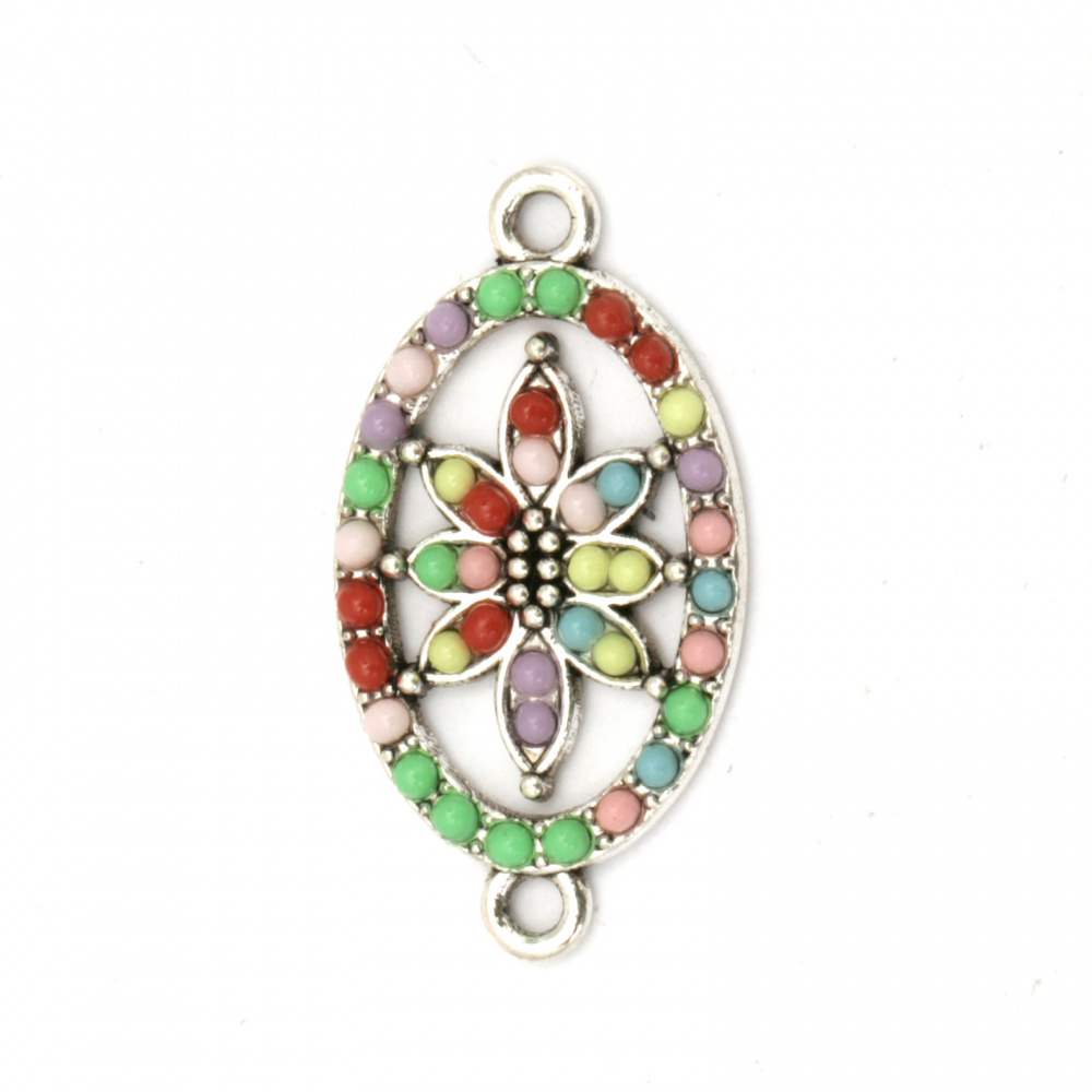 Connecting metal element oval with flower and colorful pebbles 28x15x2.5 mm hole 2 mm color silver - 2 pieces