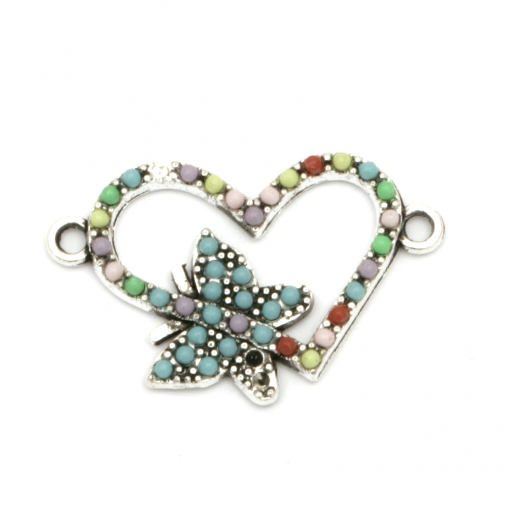Jewelry finding  element, metal connector heart with butterfly and color pebbles 24x15x2.5 mm hole 2 mm color silver - 2 pieces