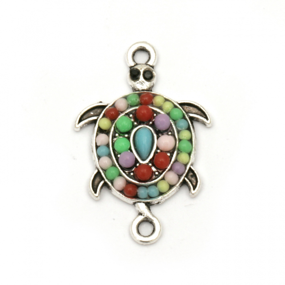 Metal connecting element turtle with colorful crystals 26x17x4 mm hole 2 mm color silver - 2 pieces