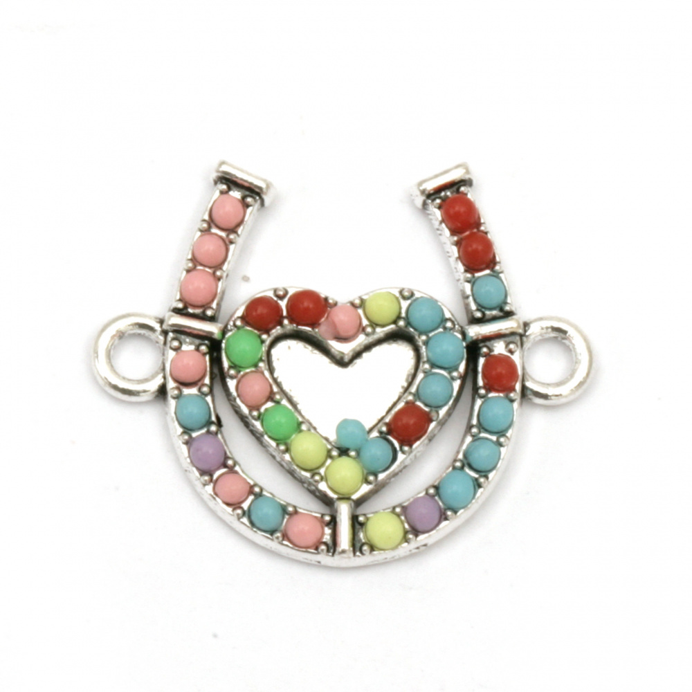 Connecting metal element horseshoe with heart and pebbles 18x21.5x3 mm hole 2 mm color silver - 2 pieces