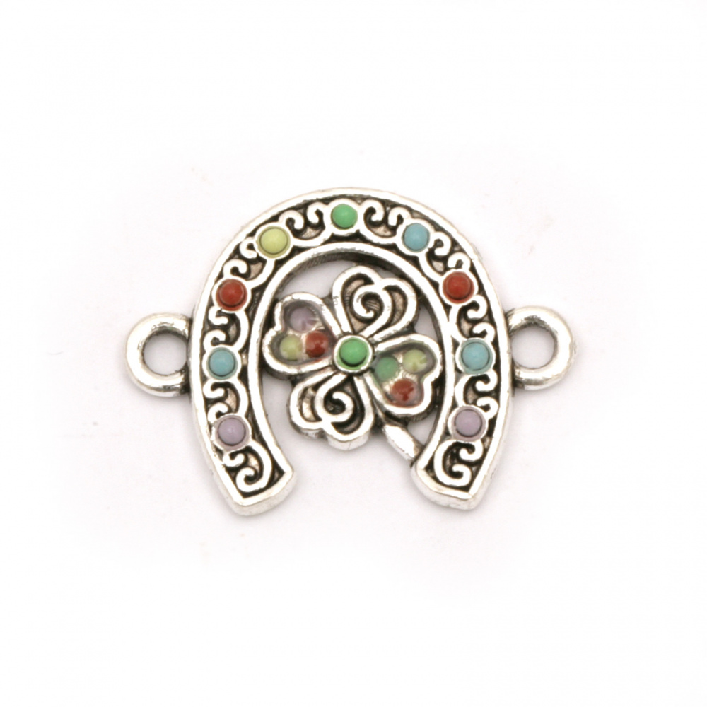Connecting metal horseshoe with clover and color pebbles 15x20x2.5 mm hole 2 mm color silver - 2 pieces