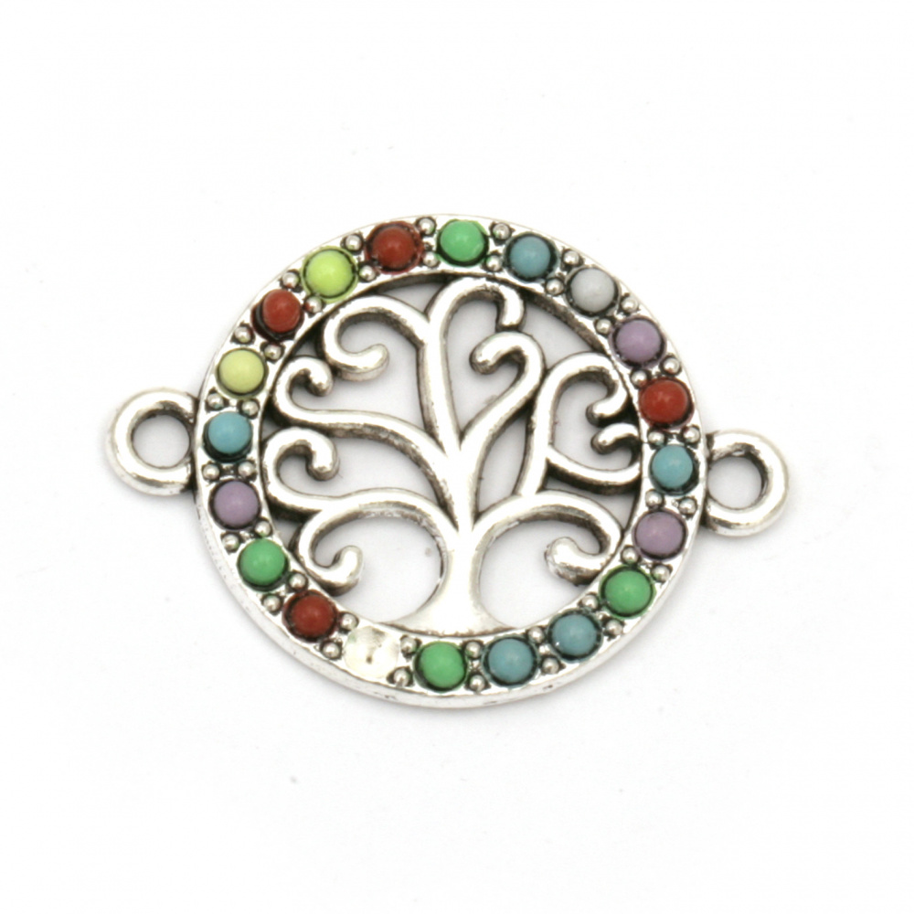 Fastener metal tree of life, round with colorful pebbles 24x18x2.5 mm hole 2 mm color silver - 2 pieces