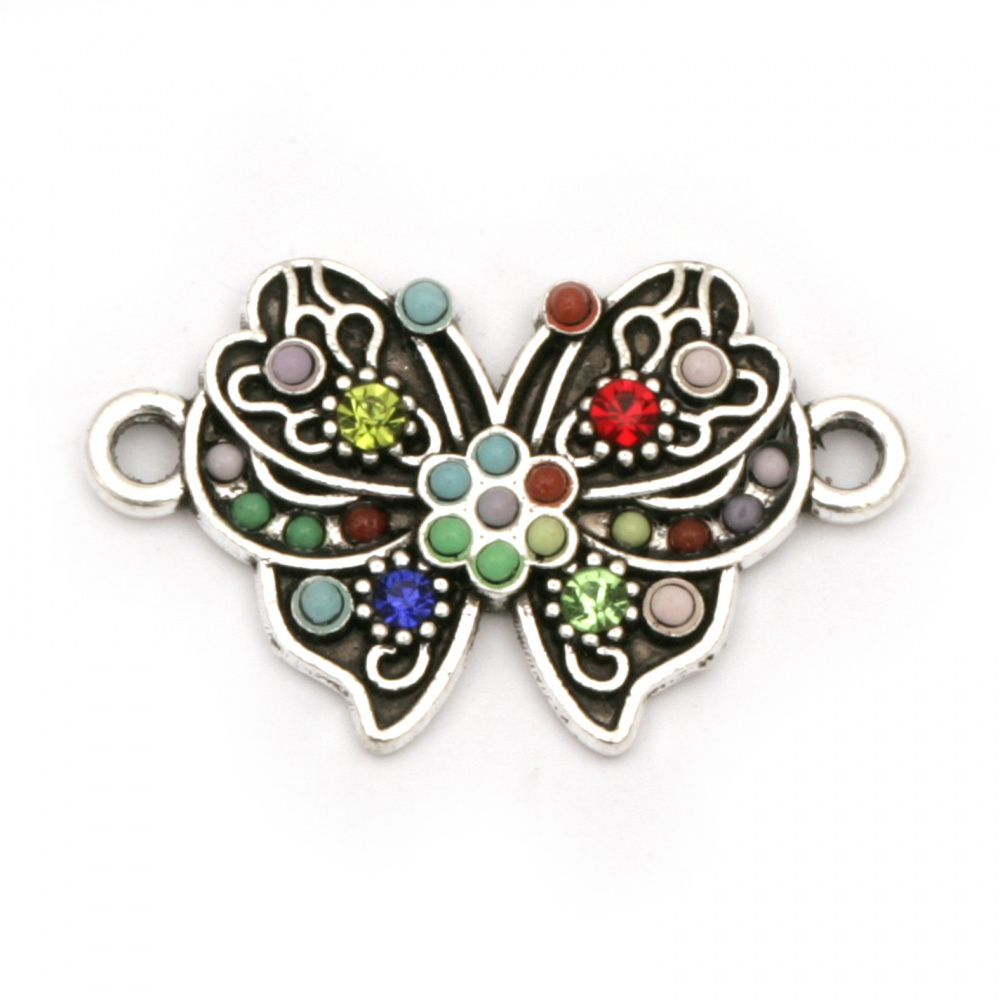 Metal connecting element butterfly with colorful crystals 25x15x3 mm hole 2 mm color silver - 2 pieces