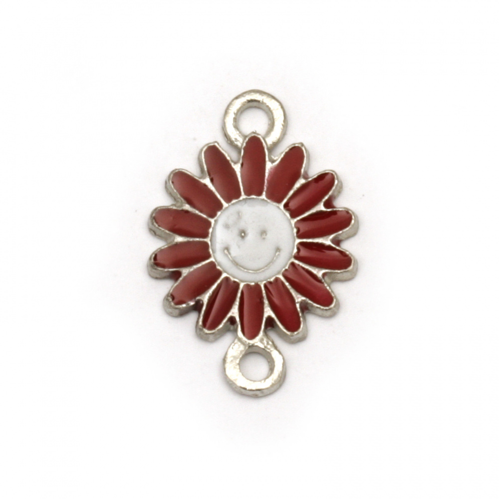 Connecting metal element, red flower with smiling face 18.5x13x1.5 mm hole 2 mm color silver - 5 pieces