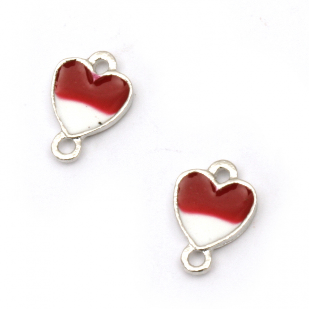 Fastener metal heart two color - white and red 10x7x1.5 mm hole 1.5 mm color silver - 5 pieces