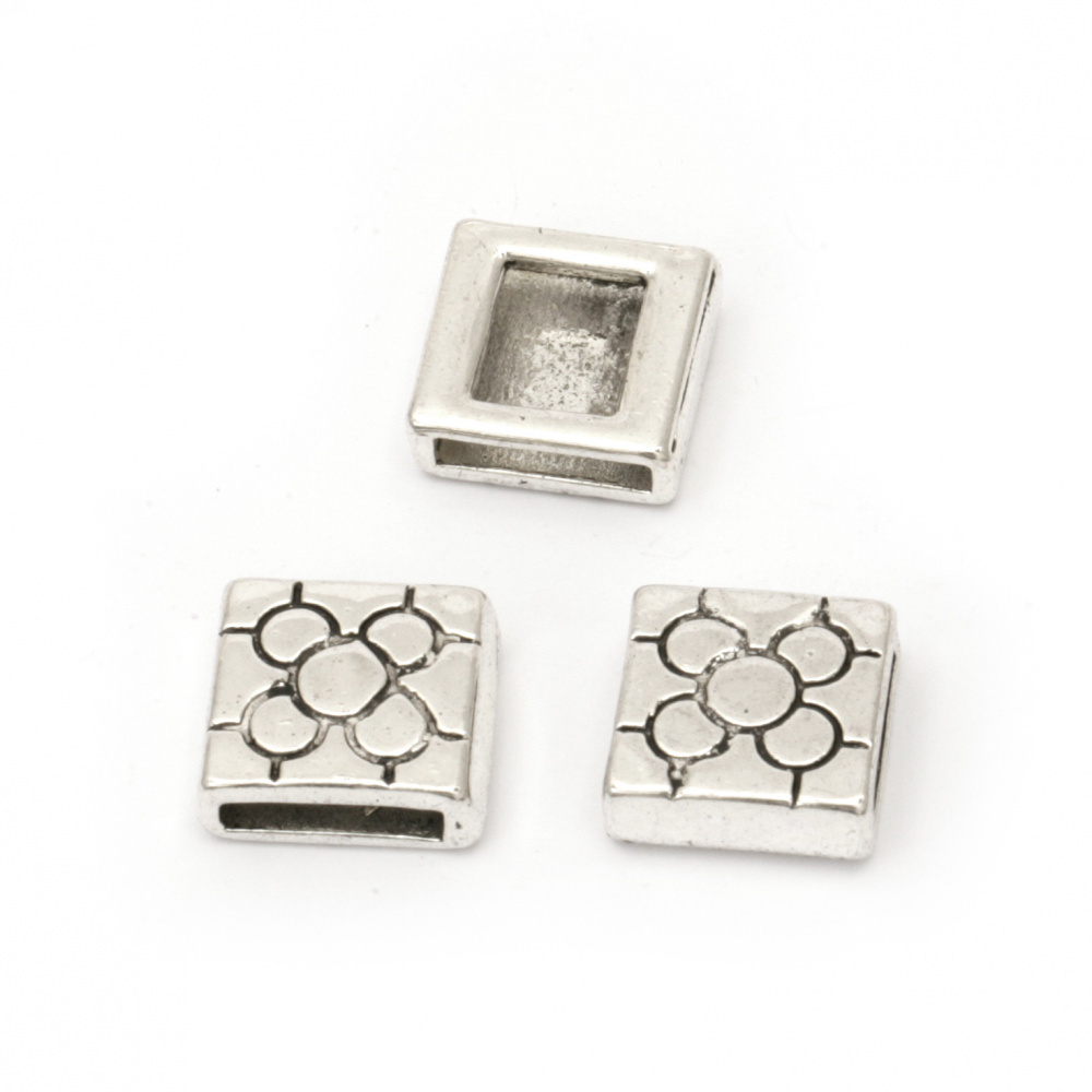 Metal Square Bead with Rectangular Hole, 9x9x5 mm, Hole: 6x2 mm, Old Silver -10 pieces