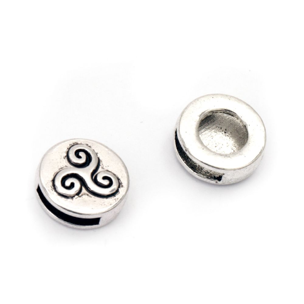 Metal Coin Bead with Trinity Symbol, 13x13x5 mm, Hole: 10x2 mm, Old Silver -5 pieces