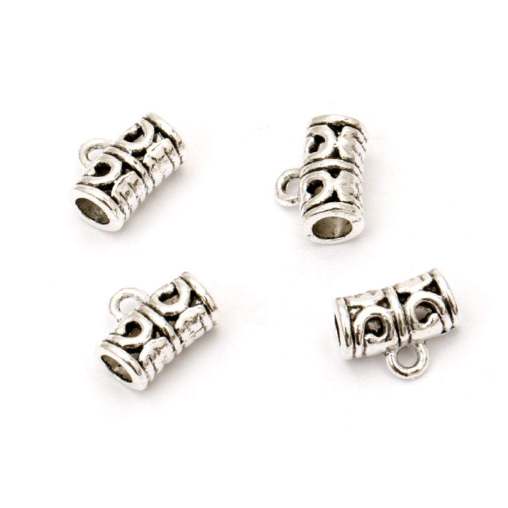 Metal cylinder shaped element with ring for jewelry making 12x9 mm hole 4 mm and 2 mm color old silver -10 pieces