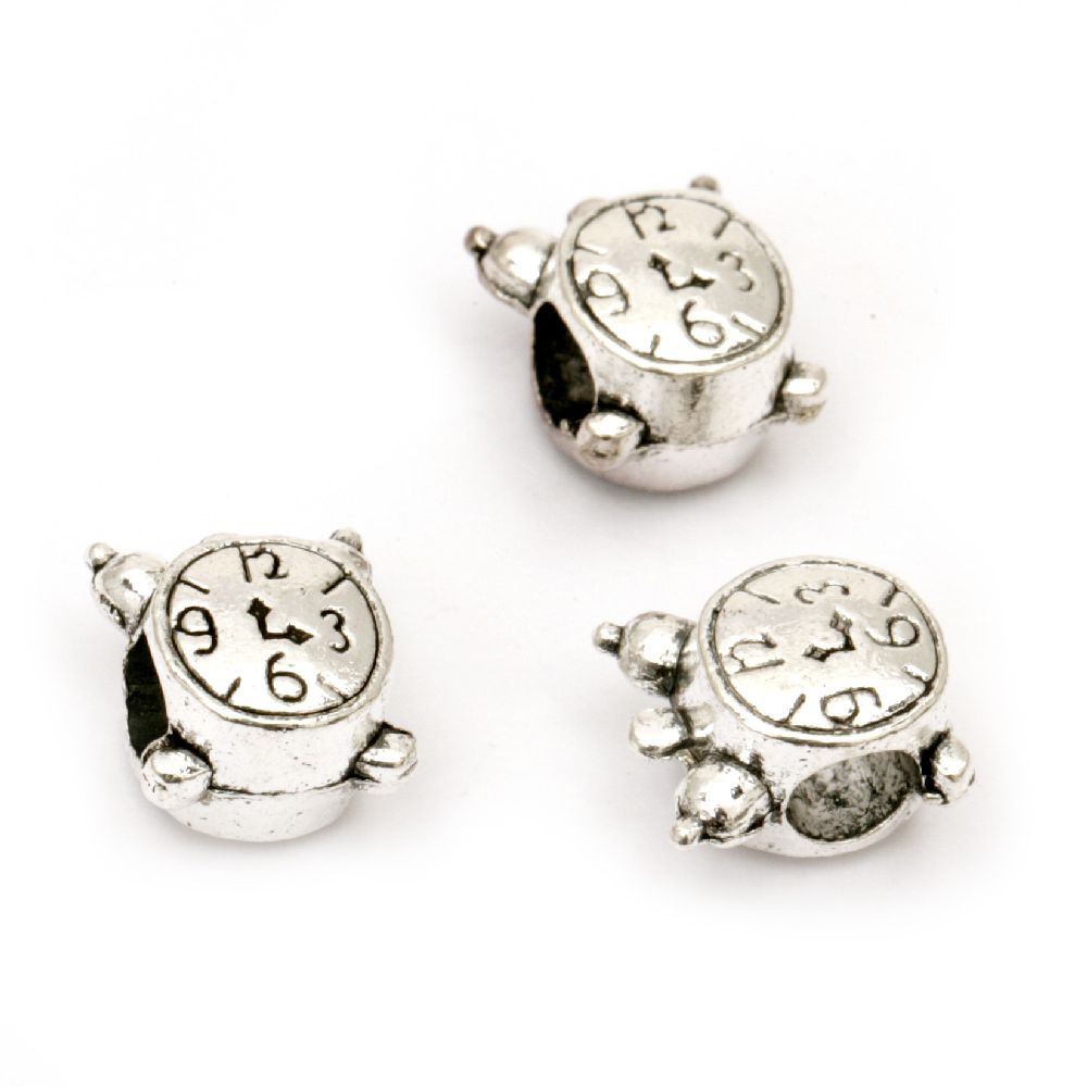 Мънисто метал часовник 10x12x8 мм дупка 5 мм цвят сребро -5 броя