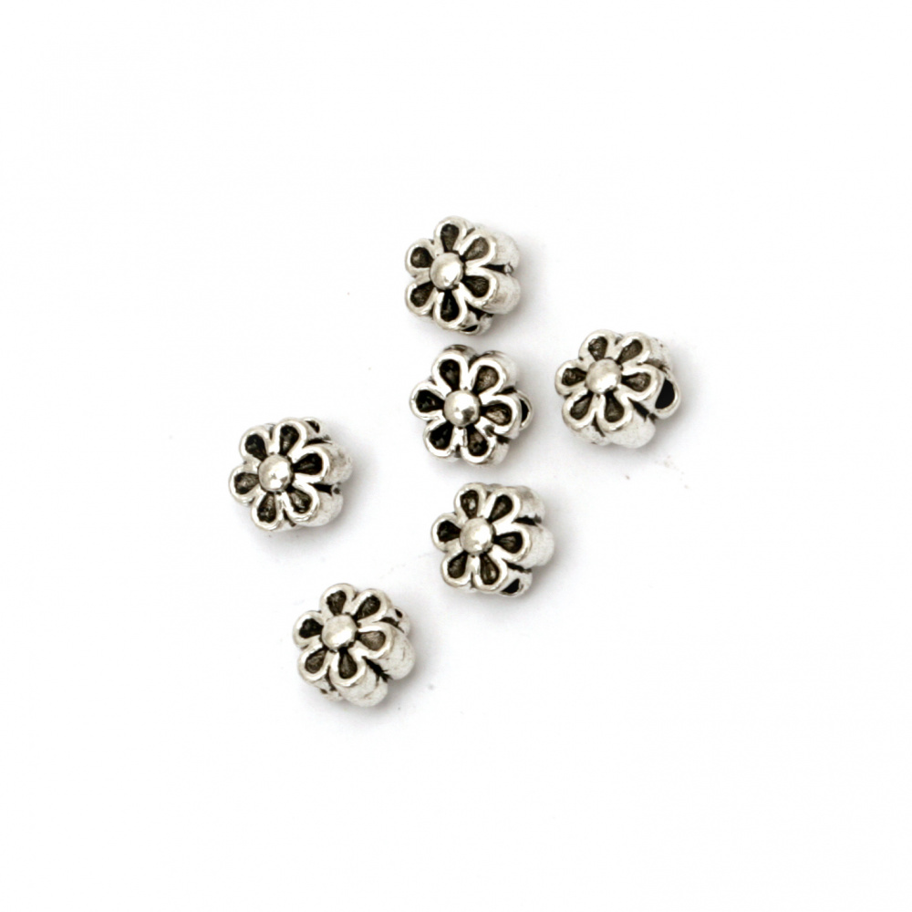 Margele metalica  floare  6,5x4,5 mm gaură 1 mm culoare argintiu vechi -20 bucăți