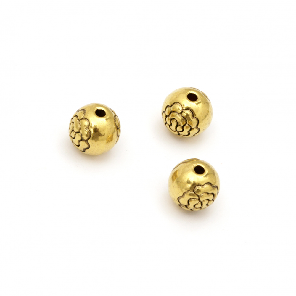 Metal Ball-shaped Bead with a Rose, 8 mm, Hole: 1 mm, Old Gold -5 pieces