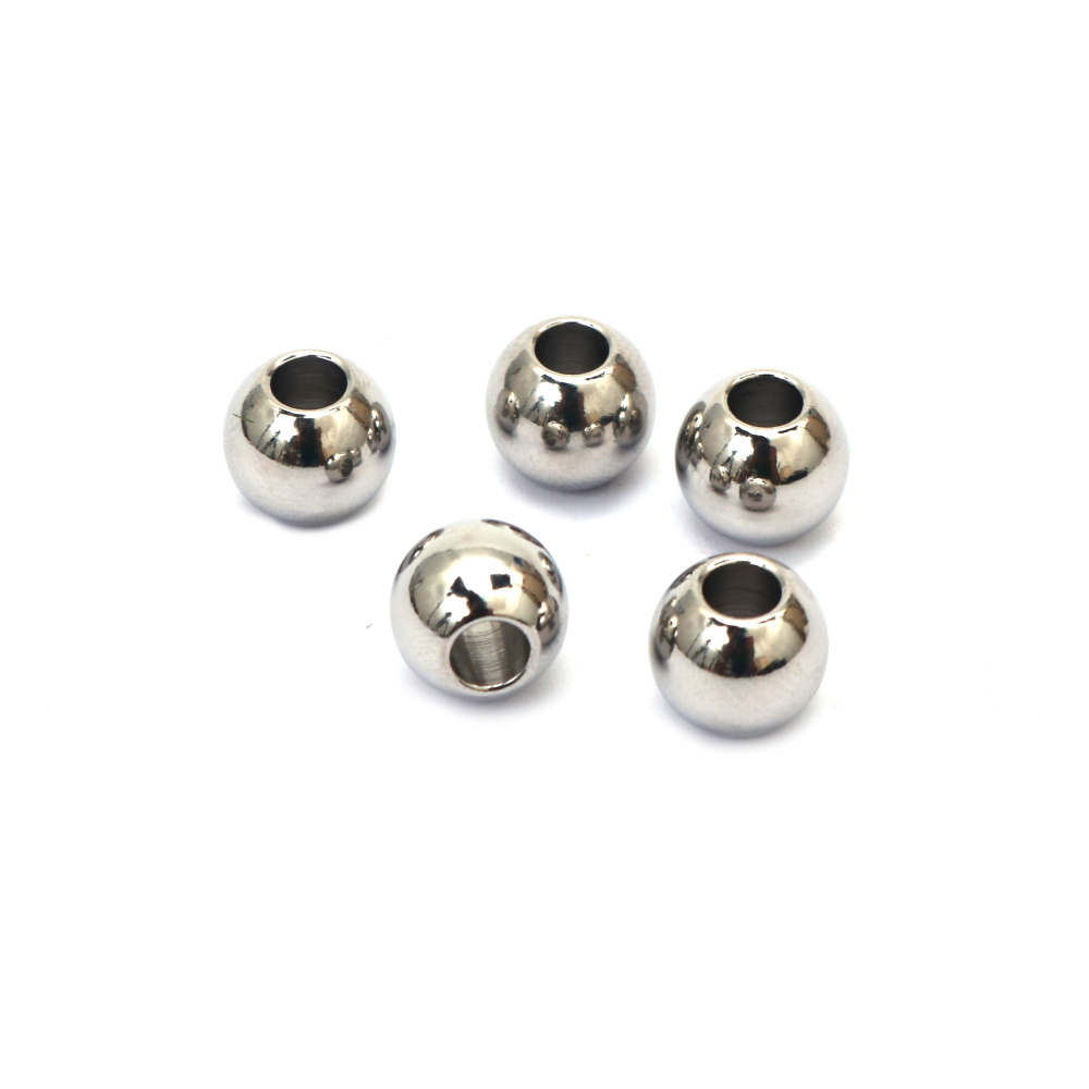 Steel Bead, Round, 8x7 mm, Hole 3 mm, Color Silver - 10 Pieces