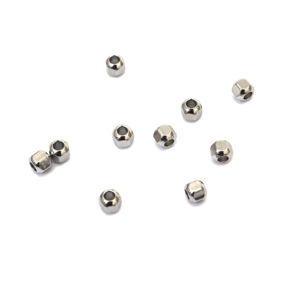 Steel Bead, Round Faceted, 4x4 mm, Hole 1.5 mm, Color Silver - 10 Pieces