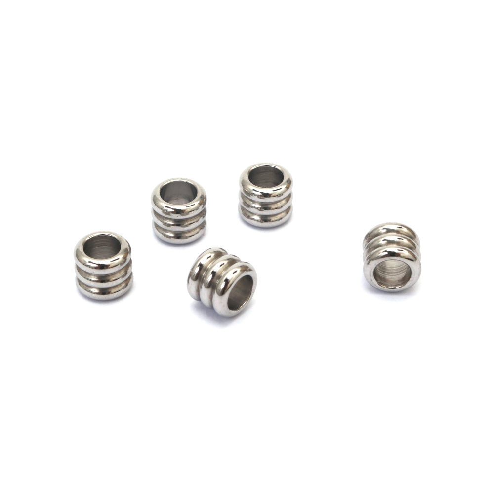 Steel Bead, Cylinder, 8x7 mm, Hole 5 mm, Color Silver - 5 Pieces