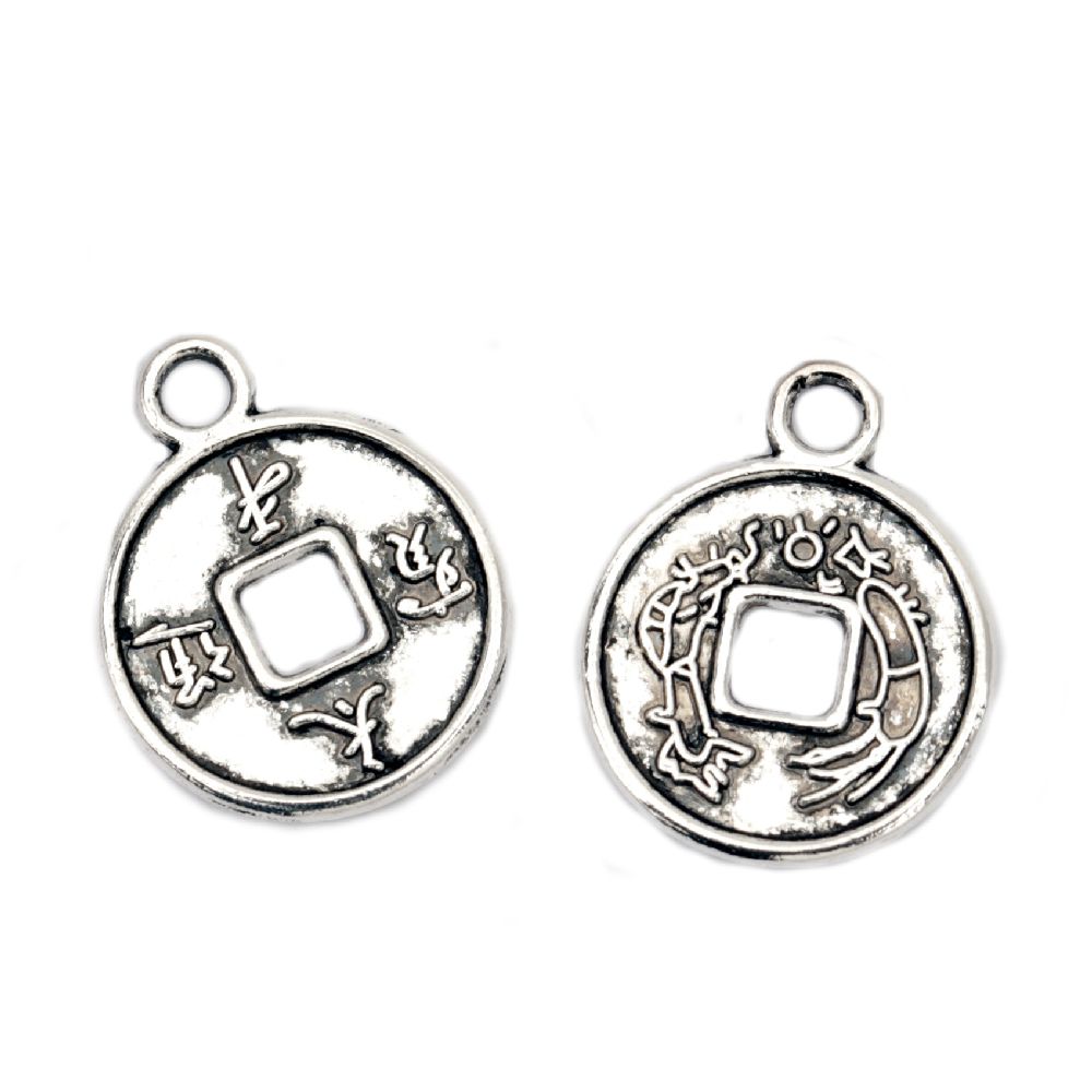 Pandativ monedă metalică 18x14,5x1 mm orificiu 2 mm culoare argint vechi -10 bucăți
