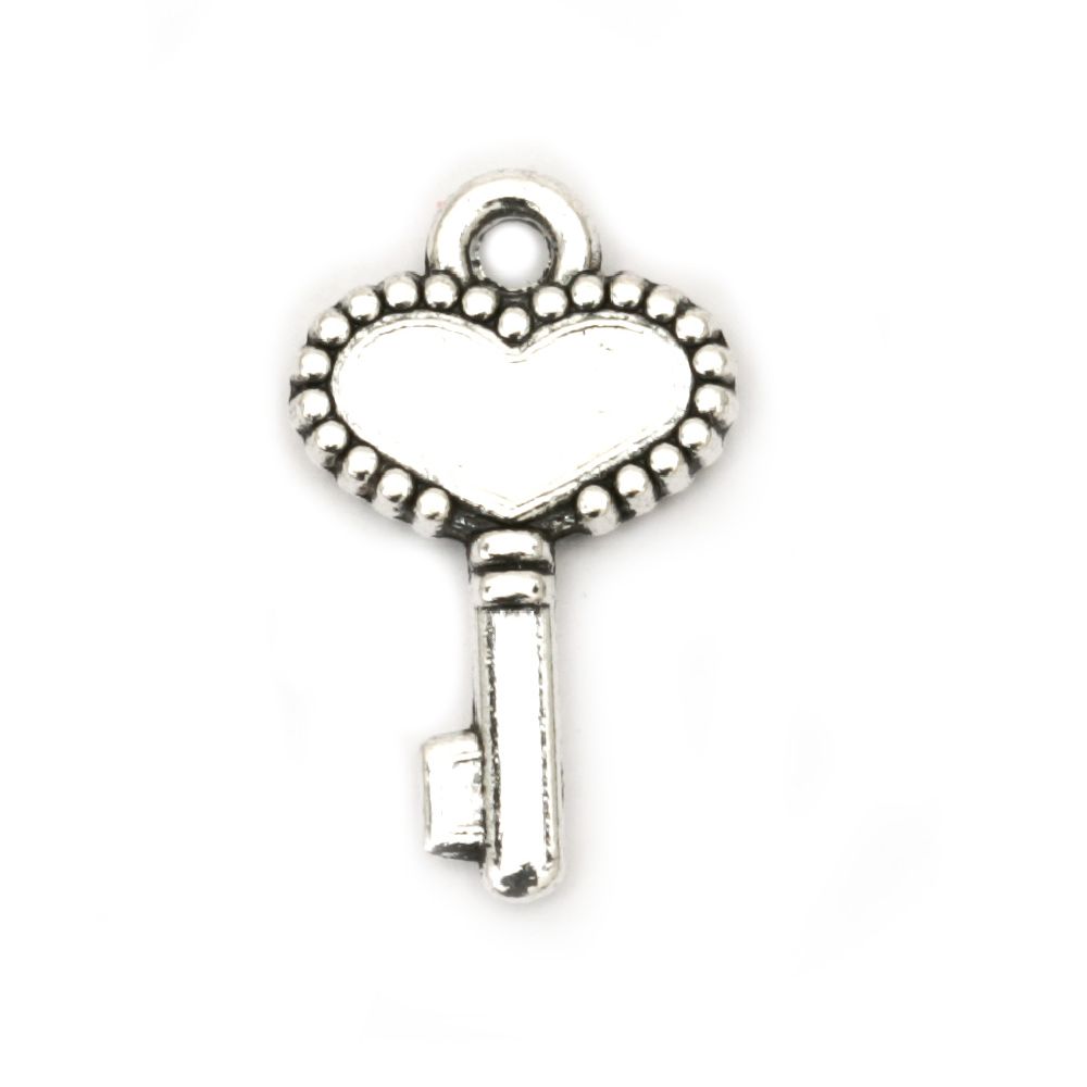 Metal Love Pendant / Key with Heart, 17x10x2 mm, Hole: 2 mm, Old Silver, 20 pieces