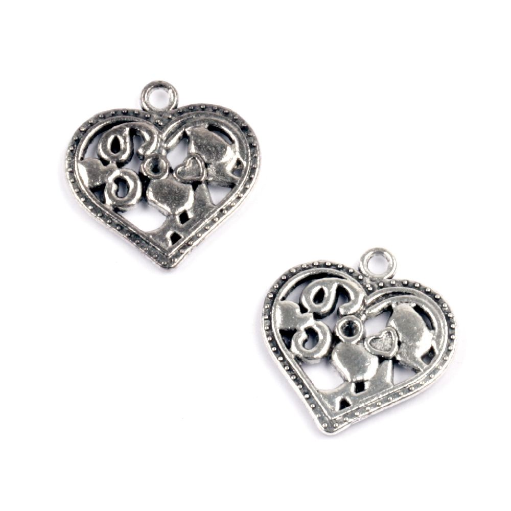 Metal pendant heart 21x20x2 mm hole 2 mm color old silver -5 pieces
