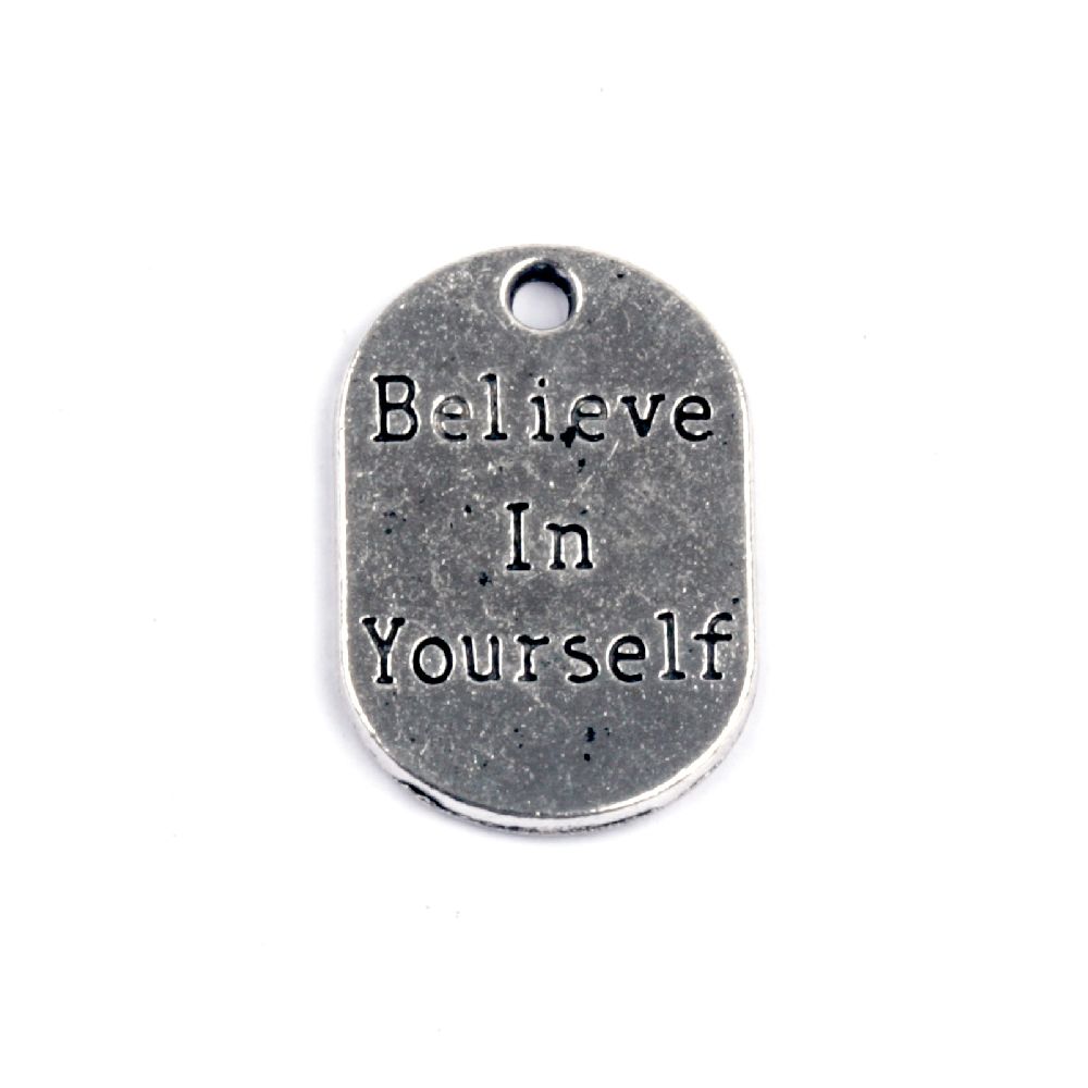 Pendant metal plate with inscription 27x18x2 mm hole 2 mm color old silver -2 pieces