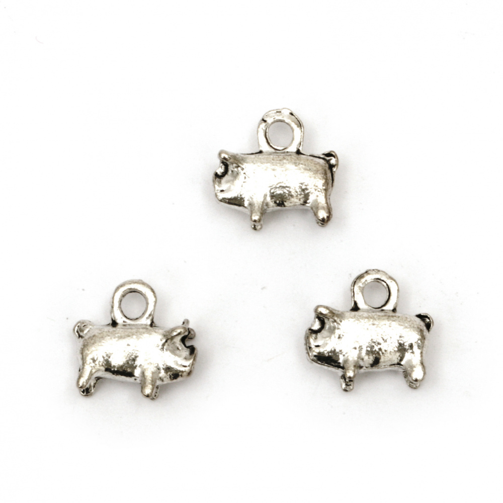 Metal Pendant pig 12x10x4 mm hole 2 mm color silver -10 pieces