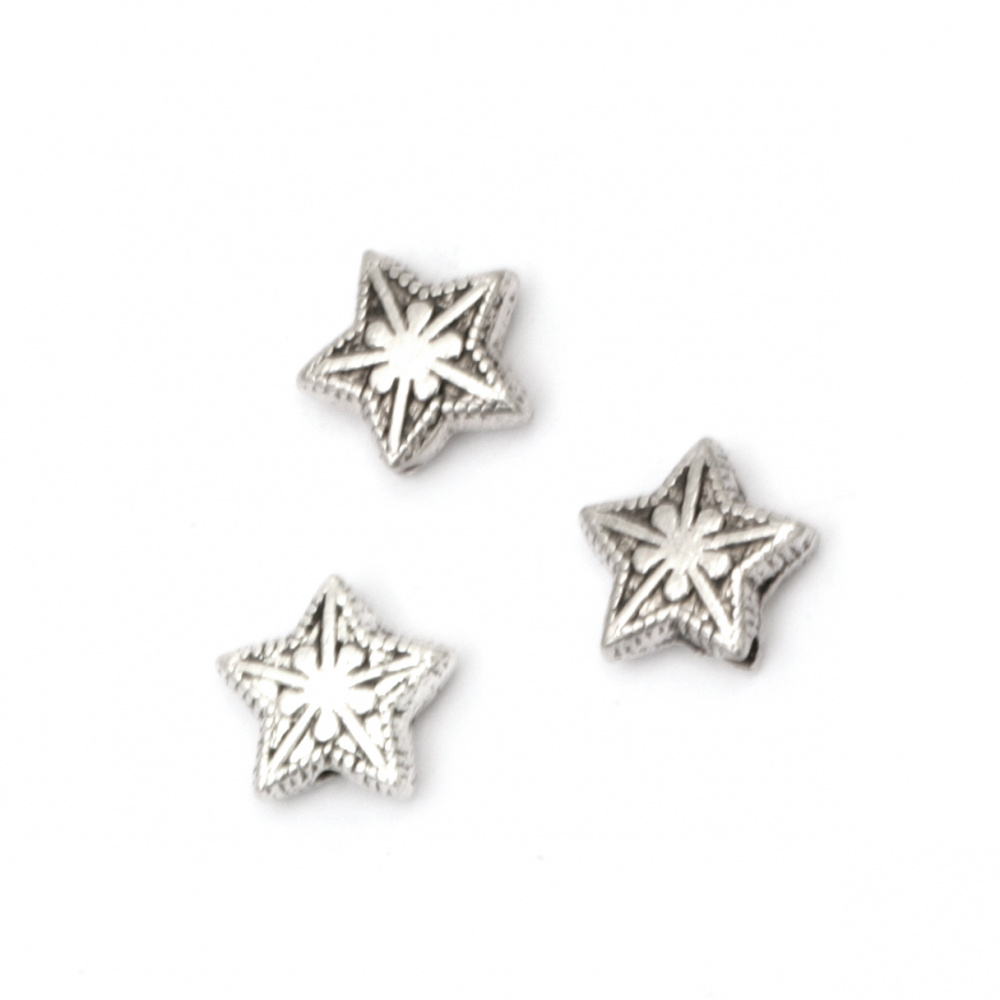 Metal bead  star 9.5x10.5x4 mm hole 1 mm color old silver -20 pieces