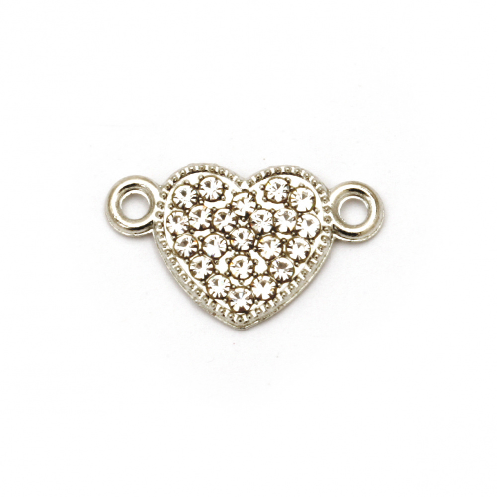 Metal heart shape bead with crystals, connecting element 19x12x2 mm hole 1.5 mm color silver - 2 pieces
