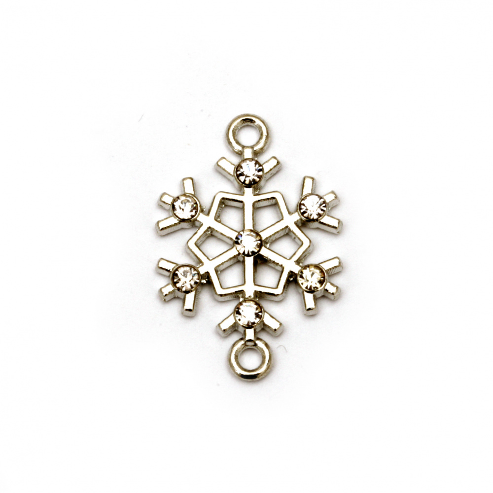 Metal connecting element, openwork snowflake with crystals 24x16x3 mm hole 1.5 mm color silver - 2 pieces