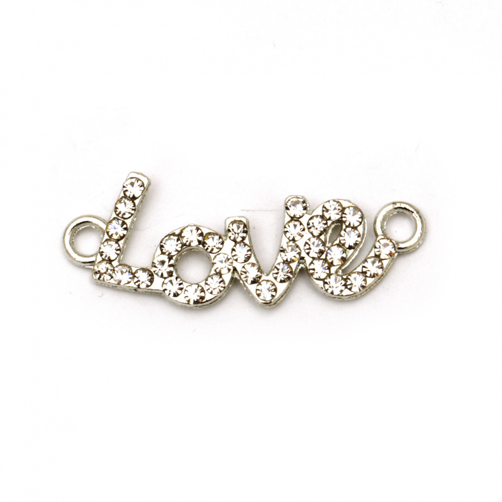 Jewelry components - metal connector with crystals in shape of inscription "Love" 31x12x2.5 mm hole 1.5 mm color silver - 2 pieces