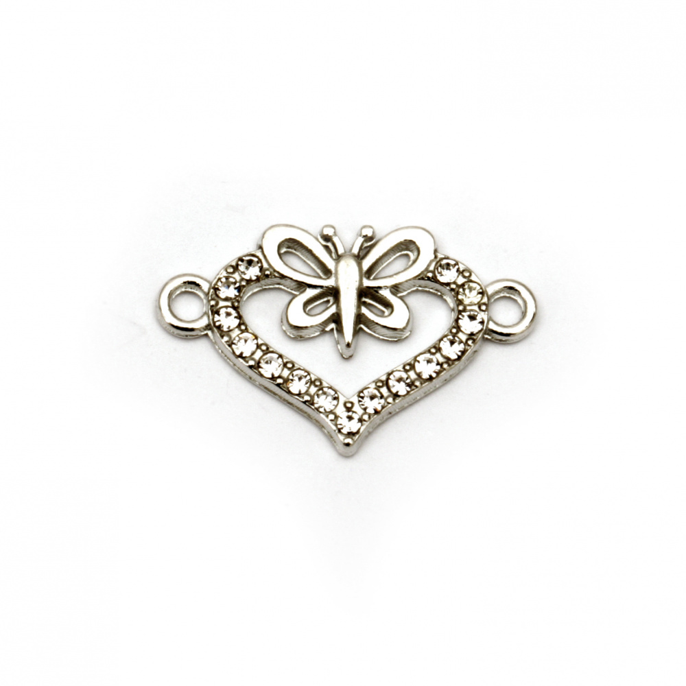 Metal connecting element, heart shape bead with crystals and small butterfly 24x15x2 mm hole 1.5 mm color silver - 2 pieces