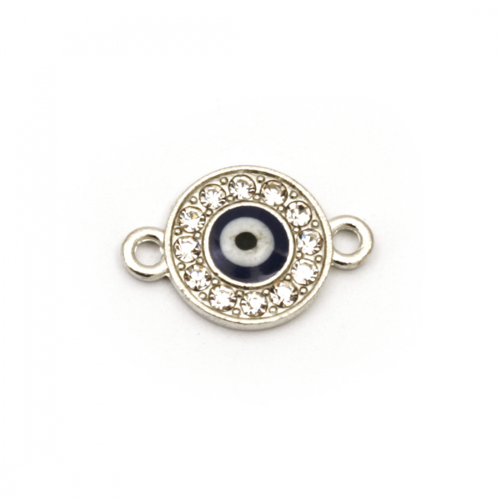 Circle metal connecting element with lucky blue eye in the core and clear crystals around 16.5x11x2 mm hole 1.5 mm color silver - 2 pieces
