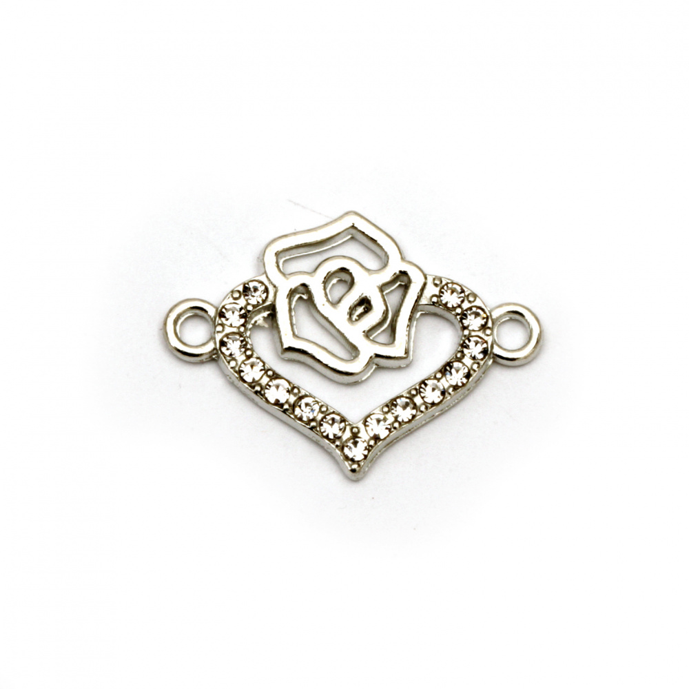 Metal fastener connecting element heart with rose and rhinestones 23x16.5x2 mm hole 1.5 mm color silver - 2 pieces