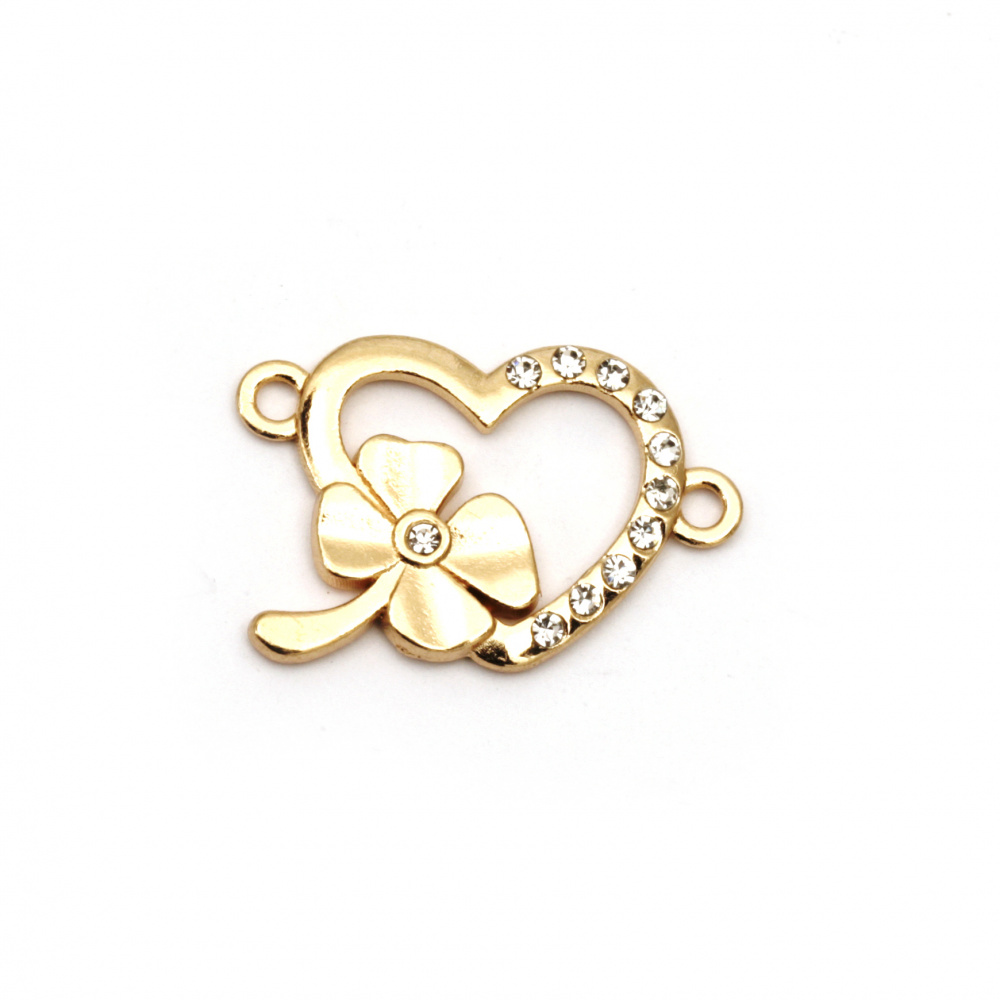 Lustrous metal heart,  connecting bead with crystals and clover 25x17x2.5 mm hole 1.5 mm color gold - 2 pieces