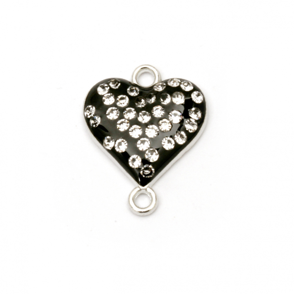 Colored metal connecting element,  black heart with small crystals 20x16x4 mm hole 1.5 mm color silver - 2 pieces