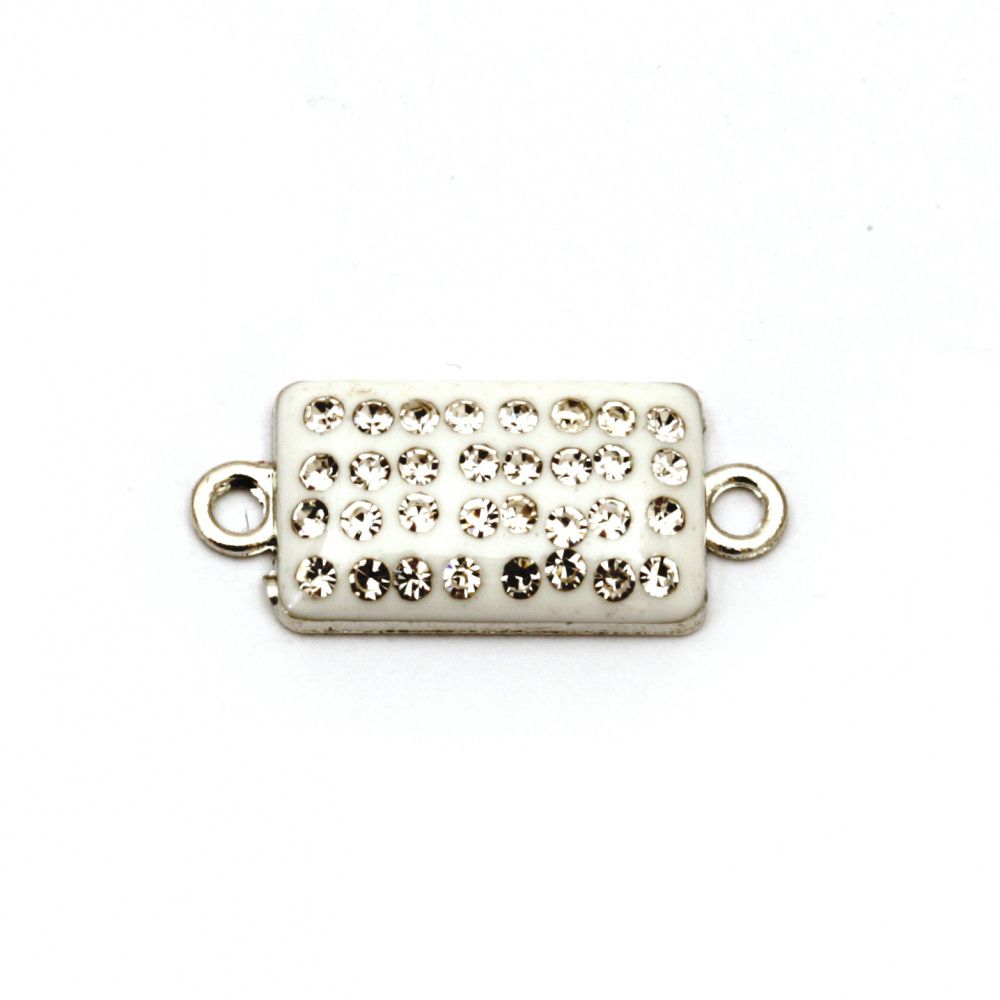 Metal connecting element with crystals,  white tile 25x11x4 mm hole 1.5 mm color silver - 2 pieces