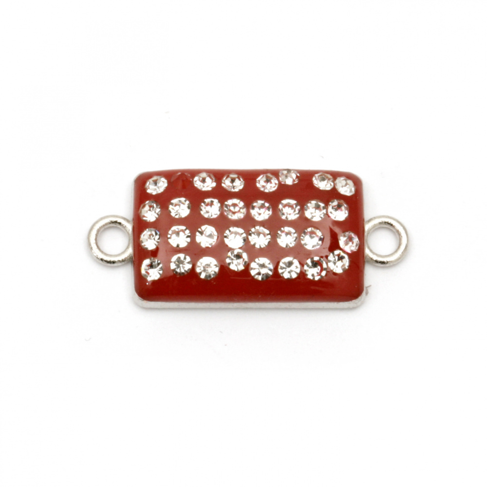 Painted metal connecting element with crystals, red tile  25x11x4 mm hole 1.5 mm color silver - 2 pieces
