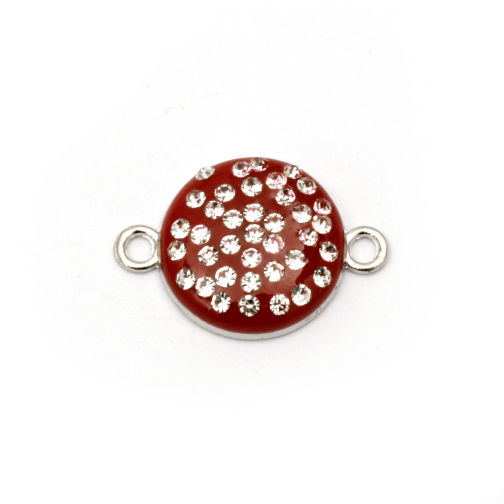 Painted red circle metal connecting element  with crystals 22x15.5x4.5 mm hole 1.5 mm color silver - 2 pieces