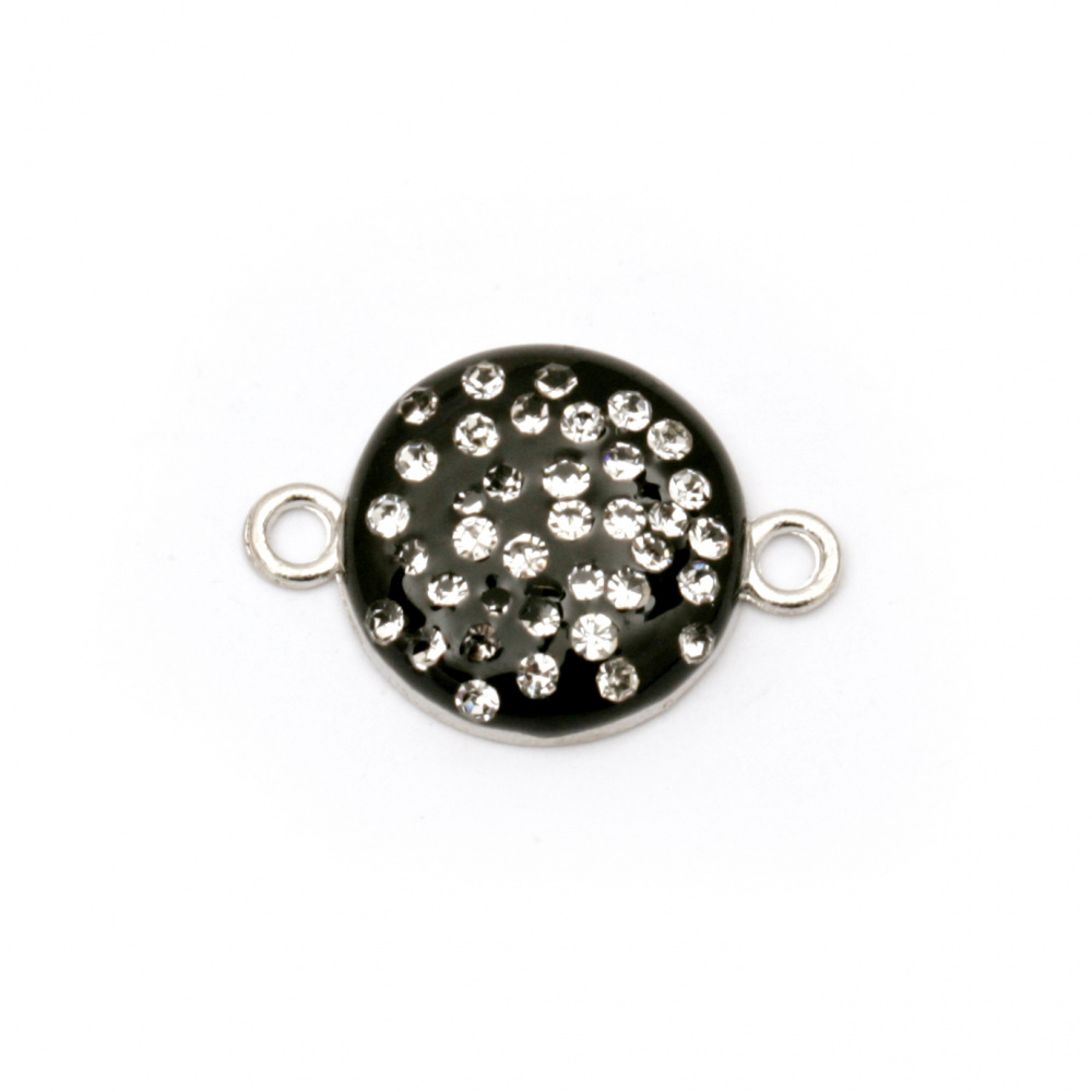 Dyed metal connecting element with crystals,  black circle 22x15.5x4.5 mm hole 1.5 mm color silver - 2 pieces